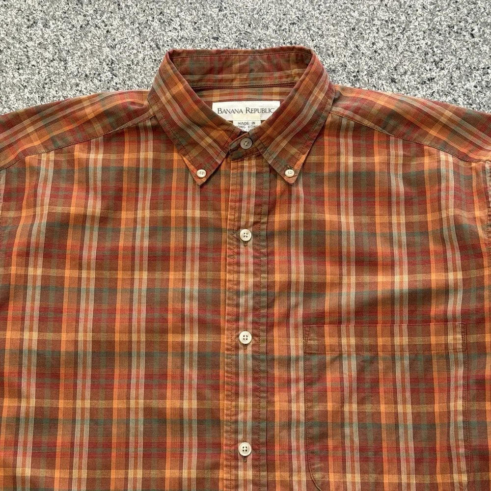 Vintage Banana Republic Shirt Mens M Button Up Long Sleeve Plaid Orange